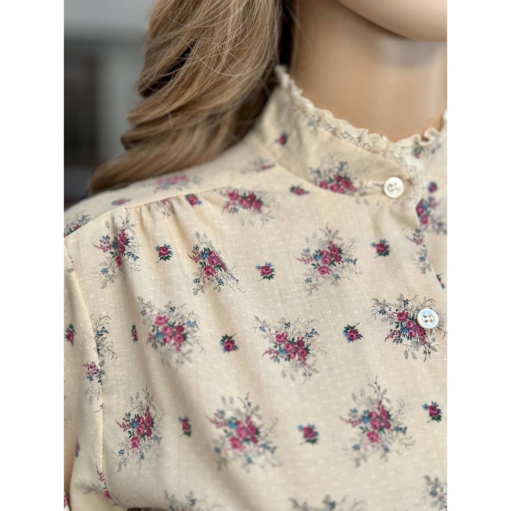 Vintage 70s Land n Sea Prairie Cottage Western Floral lace cream blouse Small 34 - Picture 2 of 12